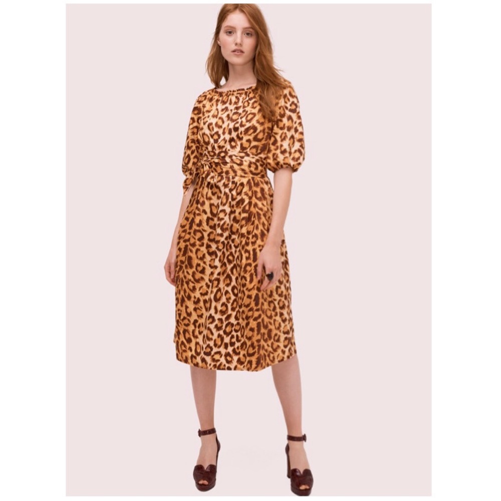 Kate Spade Panthera Leopard print puff sleeve midi dress size 2 NWOT